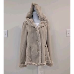 Jones New York Coat Womens M Y2K Beige Faux Suede Faux Fir Lined Hooded Jacket